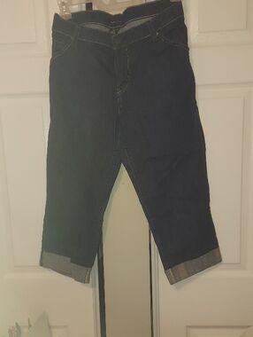 New York & Company Dark Blue Denim Cuffed Capri Jeans. Rise 10.